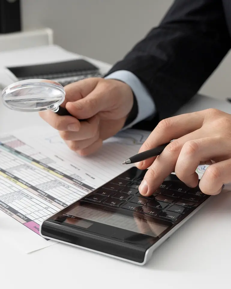 Man reviewing financial documents with a magnifying glass and calculator on a desk